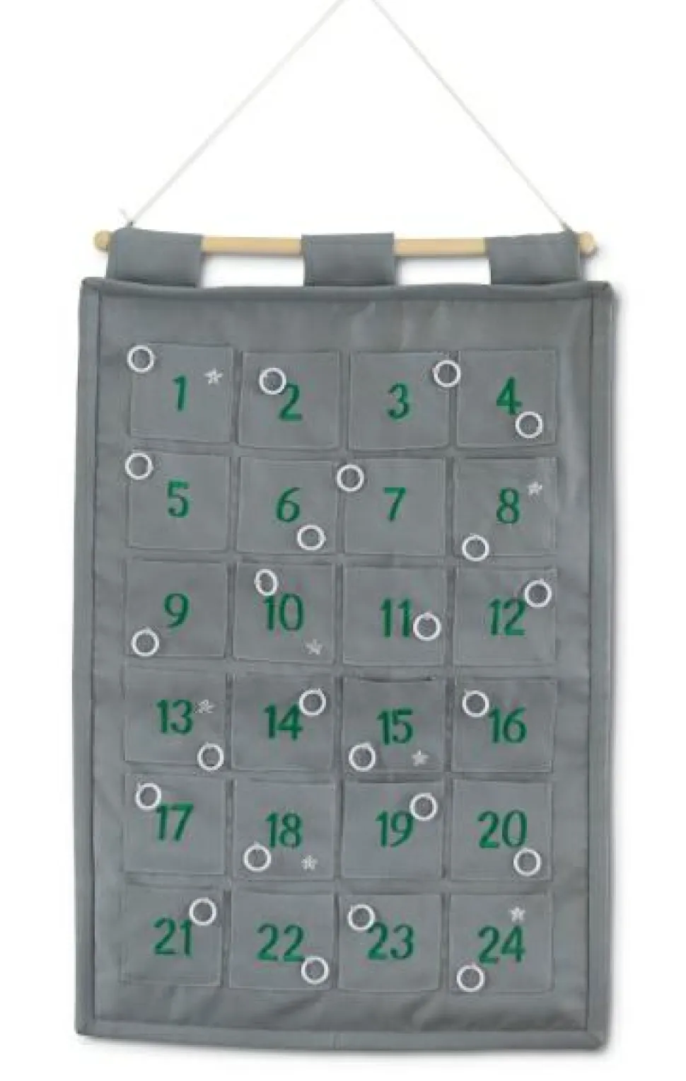 1-24 pakkekalender m. ringe til ophæng, grå