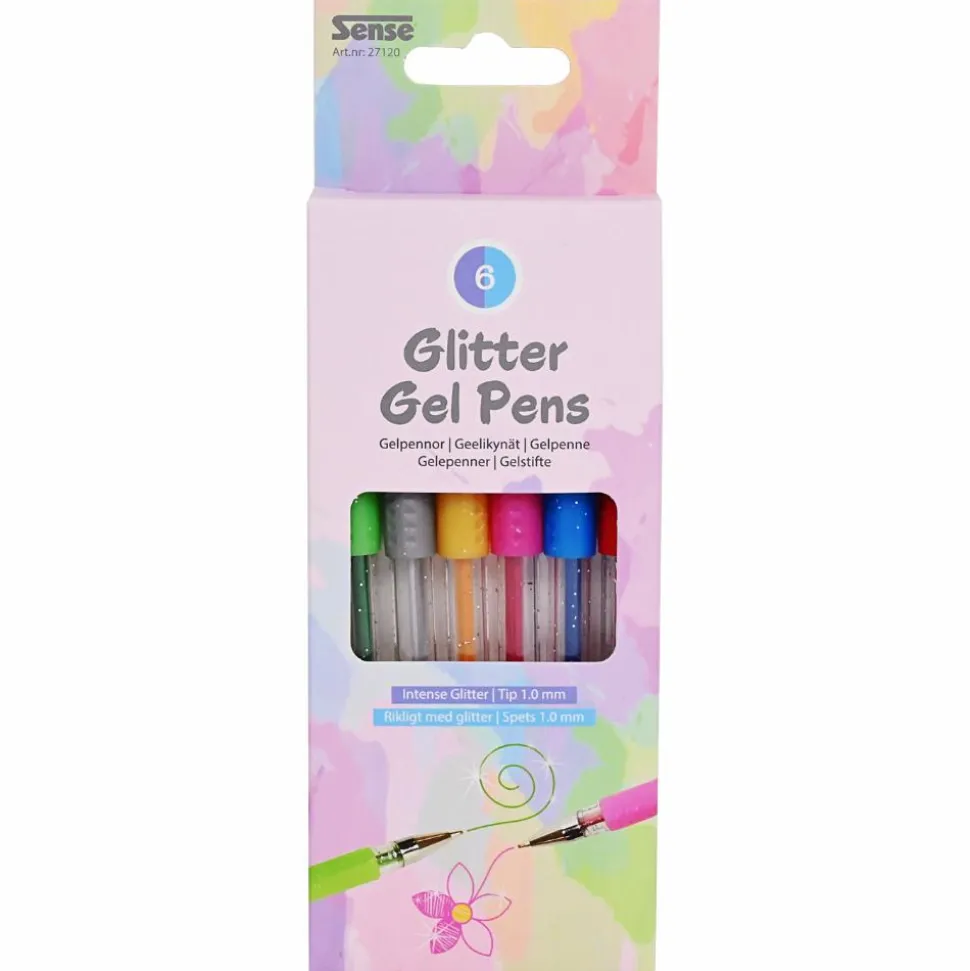 Gel kuglepenne - Glitter, 6 stk