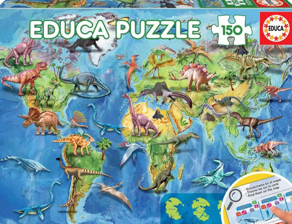 Puslespil m. 150 brikker - Verdenskort m. dinoer
